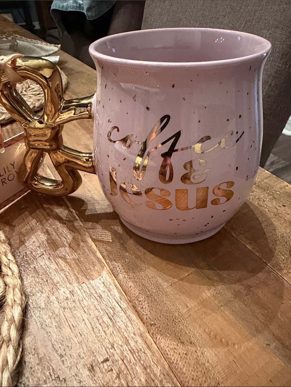 Lavander mug  'Coffee & Jesus' Mug with Gold Accent bow nwt